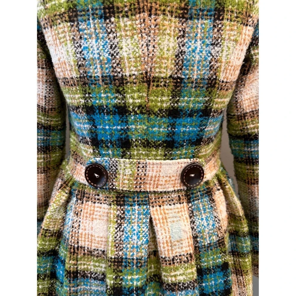 Anthropologie Nick &‎ Mo Retro Tweed Plaid Wool Flare Coat Small Fringed Boho